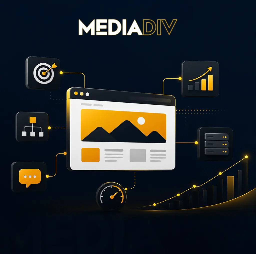 Illustration einer strategischen Website mit Symbolen für Positionierung, SEO-Struktur, Conversion, Performance und Hosting von MEDIA DIV